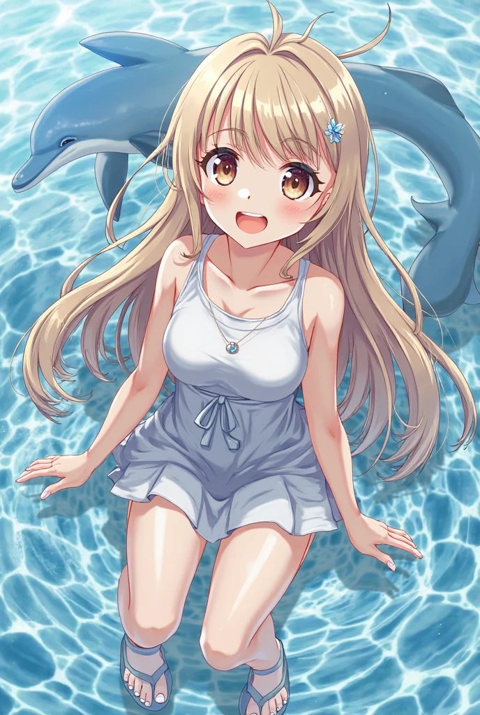 (masterpiece, best quality:1.2), (absurdres, highres, ultra-detailed), (perfect anatomy),
Beautiful woman、Frilly Swimsuit、Pool、Blonde、Blue inner color、Fluffy longhair、Pupil water、Swim ring、Dolphin、Sparkling