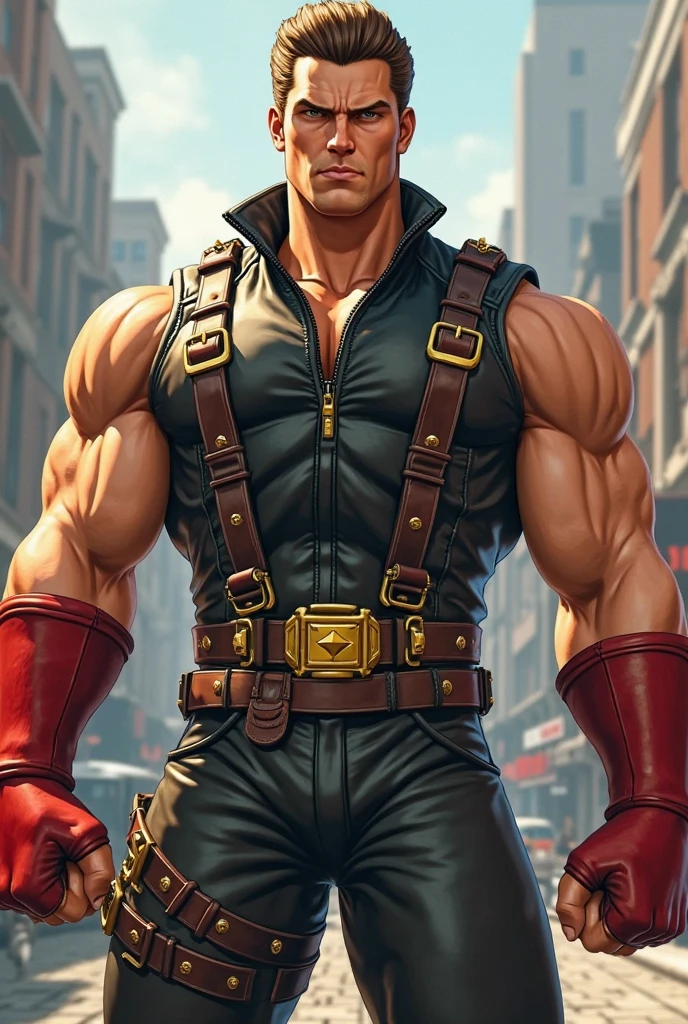 <lora:dukenukem:0.6>, duke nukem from back, red tank top, city
