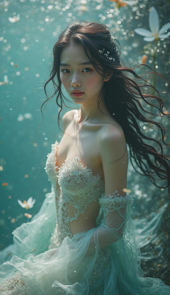 (masterpiece, top-quality, supreme, Official Art, Beautifully Aesthetic, long exposure time: 1.2), Smooth movement, Charming Patterns, 1 rapariga, (No cleavage: 1.4), (Long Dress with Sleeves: 1.3), robe blanche, (large full breasts: 1.2), bare shoulders, Adult Russian woman, hitornfreckles, Black leaf hair, portraitures, 独奏, The upper part of the body, Look at the observer, 细致背景, A detailed face, (Crystallized AI, Crystal theme: 1.1 )、elemental water sprite、Rotating water、Water control、Diamond clothing、dynamicposes、particles floating、ethereal dynamics、Eau、steams、background ocean、bluish color、shores、Ethereal Atmosphere、