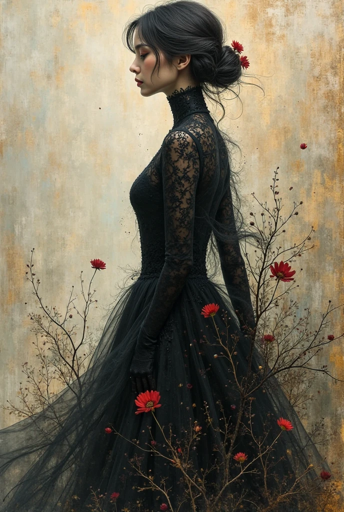 <lora:Allover-Floral:.7> Ditsy, Floral, Begonia, Red and Black, Formal, Vintage, Seamless, Natural, Photorealistic, Layered, Depth, Girl