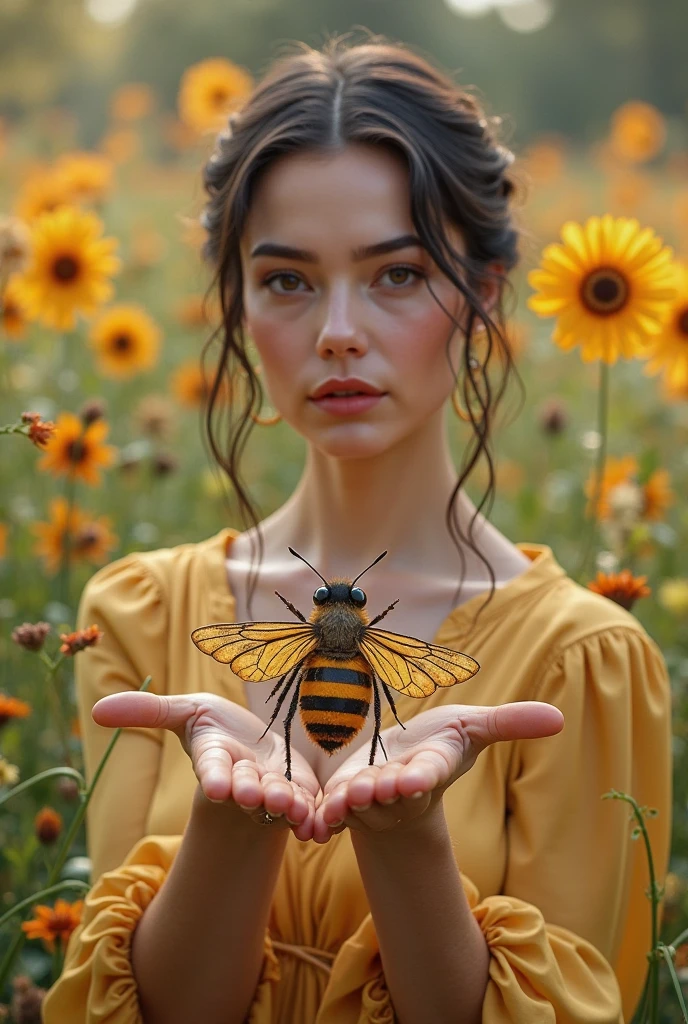 a happy girl with her arms up, surrounded by bees. she stands in a forrest, there are bee hives surrounding her