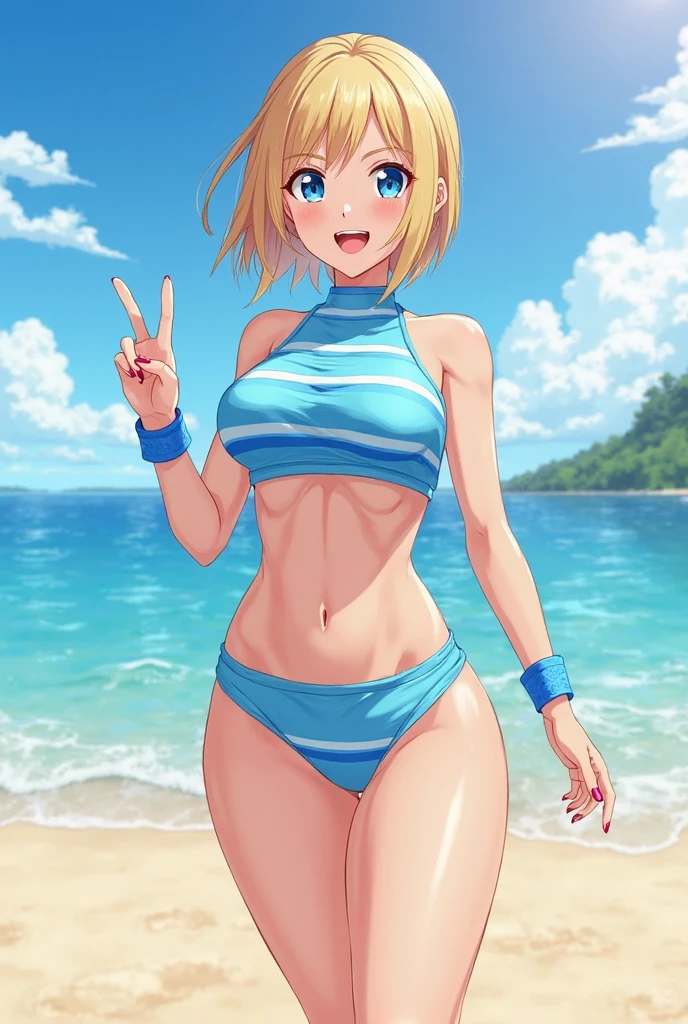 nsfw, Top quality, masterpiece, ultra high resolution, , (top quality, high resolution, 4K, detailed lighting, shaders, perfect anatomy, perfect proportions), eye of the beholder, (masterpiece, top quality) (top quality, 4K, 8K, high resolution, masterpiece: 1.2), highly detailed, (masterpiece: 1.3, top quality, ultra high resolution, ultra detailed), (top quality: 1.2), perfect eyes, perfect face, perfect lighting, (top quality, 4K, 8K, high resolution, masterpiece: 1.2), highly detailed, (top quality, 4K, 8K, high resolution, masterpiece: 1.5), highly detailed, masterpiece, top quality, ultra detailed, top quality, high resolution, 32K CG, very delicate and beautiful, illustration, high resolution, sharp focus, front lighting, glow, girl 1 person, solo, smiling, very beautiful and detailed anime face, very detailed eyes, ((masterpiece)), ((best quality)), (super detailed), ((cute)), cute, ((very detailed)), 4K, (8K), best quality, (best quality, 8K, 32k, masterpiece, super high resolution, very detailed, impressionistic:1.2), blurred background, four fingers and 1 thumb, Best quality , two arms, two legs,

Sandy beach water's edge. Palm trees. Beach umbrella. Strong sunlight. A single girl. (((She's tossing up a big beach ball in shallow water))). ((She's tossing the ball with her arms raised up high.))  Aggressive. ((Big action)). Splashing water. (((Her blonde hair blowing in the wind))). Beautiful blue-green eyes. Pink lips. (Big breasts). Full breasts. Well-developed breasts. Nicely shaped breasts. Slim waist. Perfect proportions. Slender body. Well-proportioned body. Small pink nipples. Ponytail with a red ribbon. White bikini. (((Topless))). No bikini top. Smiling. Half-closed eyes. Blushing face. White choker. Earrings. Necklace. Bracelet. Chain waist ornament. Anklet. Barefoot. From front. Emphasis on breasts. Focus on the ball.