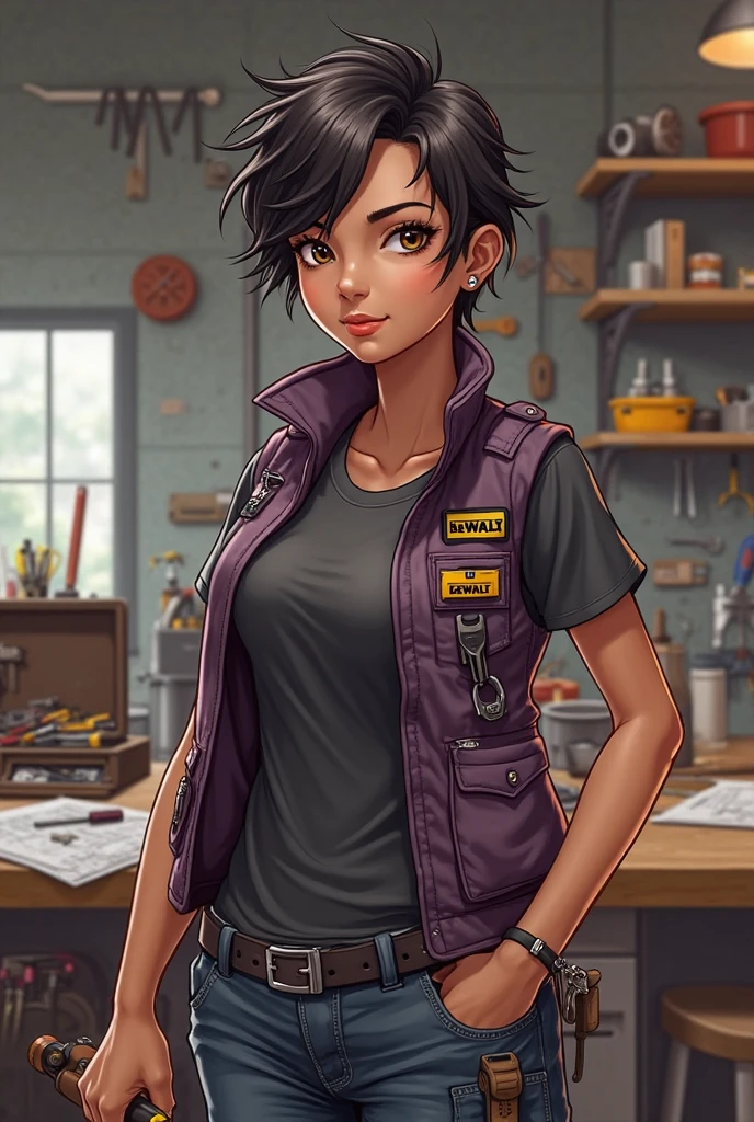 masterpiece, best quality, mature woman, mature face, messy hair, black hair, brunette gradient hair color, hot face, (tomboy face), tan skin, mature body, fit body, medium breasts, wool gloves, stained tank top, midriff, mechanic pants, loose pants, workshop
