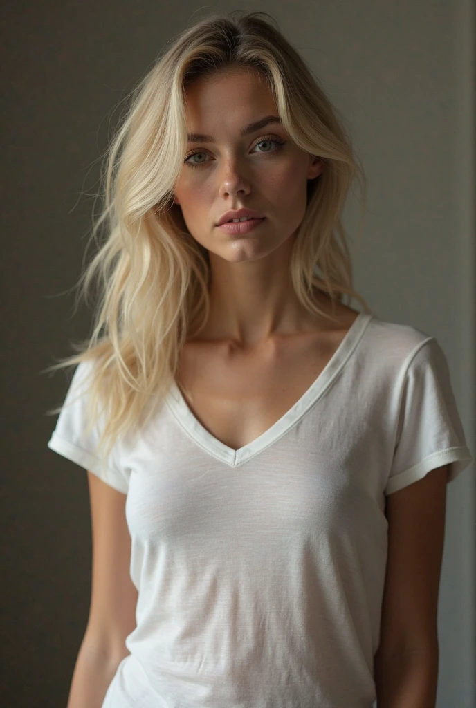 photo by full body, Woman de cabelo longo loiros, Breasts huge, large, protruding nipples, blonde, wet cotton t-shirt without bra, Woman, posing relaxed not looking at the photographer, clean skin, high cheekbones, Cramped shirt, Bumps, braless, happy, realisitic, skin detailed, realisitic eyes, transparent white shirt, Cramped, puros, detailed realisitic skin light freckles, big eyelashes, fleshy lips, breasts big, micro shorts denin