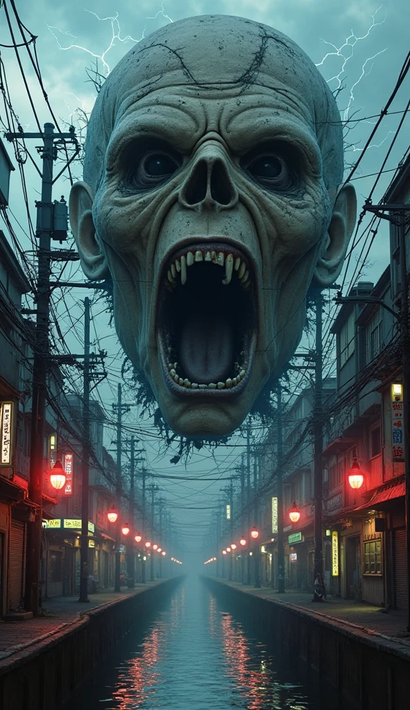 4k、Super Resolution、Aerial view of a small Japanese town at night、A gigantic skeletal monster with no lower body、Distinct bones、Red eyes、Shallow depth of field, Vignette, Very detailed, High budget, Bokeh, CinemaScope, Sulky, amazing, nice, Film Grain, granular . Creepy, Anxious, dark, Creepyな, Suspenseful, strict, Very detailed