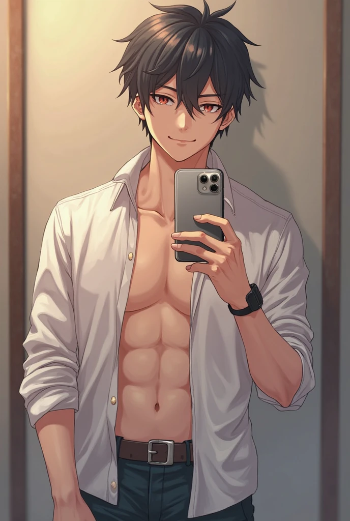 *The photo is of hanta sero from Mha shirtless, as if he just got out of the shower. He's standing in the mirror and he's wearing gray boxers, showing his abs and a tattoo along his arm. He has a hand running through his hair as he takes the picture. He's holding the phone to show his upper half, and it looks like this picture just went to you and you only*