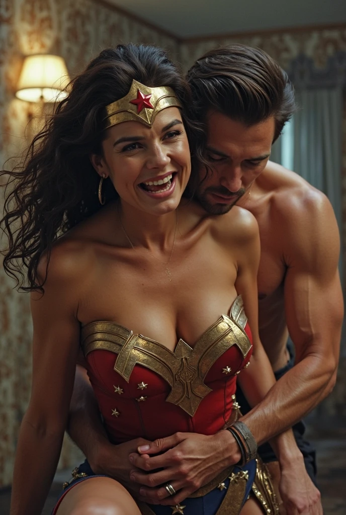 Male and female couples、((20 year old beautiful woman wearing Wonder Woman costume、kawaii))、((professional wrestling、audience))、((Professional wrestler and muscular man))、The weight of a professional wrestler male is 120 kg、A man from a professional wrestler is attacking a woman、((Insults))、woman with long hair hairstyle、(NSFW:1.5)、Beautiful busty woman、Woman with dark hair、Woman standing、Woman with rope、A man is grabbing a woman's waist、A man's crotch sticks to a woman's ass、Man and woman standing and doing sexual things、ssex、lascivious、sexual act、((Male inserted inside female ))、((Women get scared))、Women suffer、(Woman is crying:1.2)、Woman is blushing、Panting Woman、Because women feel good、The man has a serious face