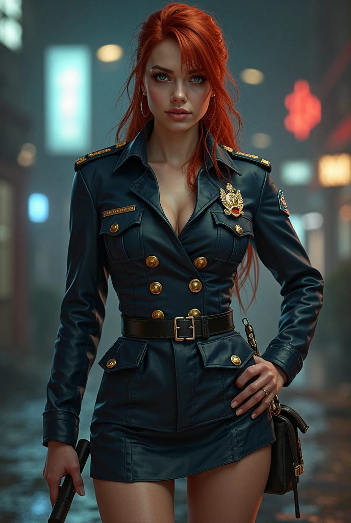 a sexy beautiful female soldier, russian girl, wearing a sexy soldier's uniform, urban camouflage, battlefield background, sexy pose, very detailed, very accurate, 4k quality, beautiful lighting, bokeh, busty, big breasts, large boobs, cleavage, thin and slim waist, bubble booty, beautiful face, awesome lips, redhead, ponytail hair, voluptuous hourglass body. Epic cleavage. (100 DD size) Perfect anatomy, Perfect eyes, very detailed eyes, perfect hands, perfect body, perfect hair, perfect breast, accurate, UHD, retina, masterpiece, anatomically correct, textured skin, super detail, high details, high quality, award winning, best quality, highres, 16k, 8k. Carmen Electra.