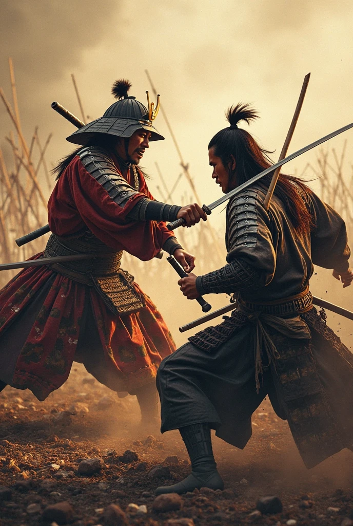 A samurai without armor, a black belt in jiu-jitsu choking another armored samurai with a sword

