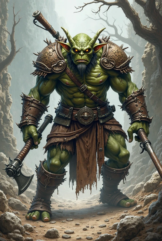 (medium full shot) of (fearsome orc) young, warlord, wearing Skull-adorned helm, mail shirt, leather pauldrons, chainmail gloves, studded greaves, fur-lined boots, holding wielding war hammer, set in the orcish lands, in Hidden pathway through the swamp, marked by totems and symbols, leading to secret orc lairs, covered with thick vegetation , at night, ,Masterpiece,best quality, raw photo, realistic, very aesthetic, dark