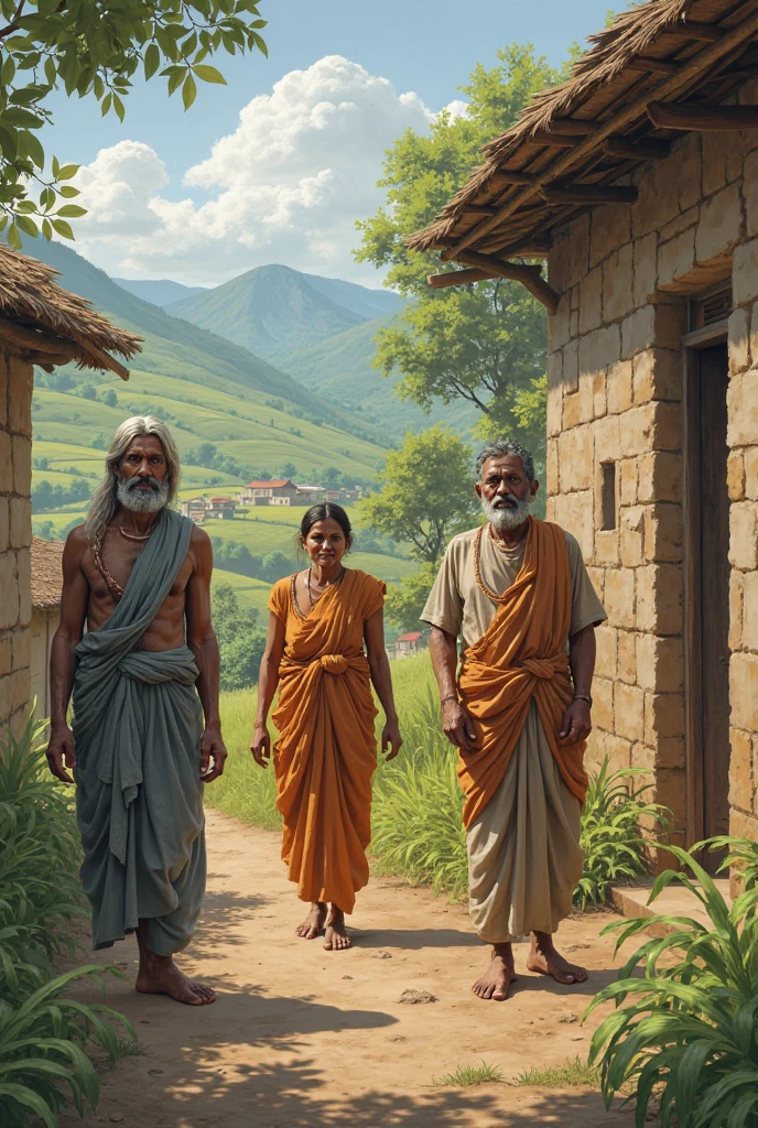 Create a detailed, lifelike image depicting a traditional Vagri family from the past. The scene should show them living in a simple, rural setting with their typical lifestyle. The men should be dressed in traditional Vagri attire, such as dhotis and turbans, while the women wear sarees with modest jewelry. They are engaged in daily activities like weaving baskets, trading goods, or preparing food. The setting should include a humble home made of mud or clay, with a thatched roof, surrounded by nature. The atmosphere should reflect a sense of community, hard work, and simplicity, with children playing nearby and livestock grazing. The overall mood should be warm and respectful, capturing the essence of their way of life.