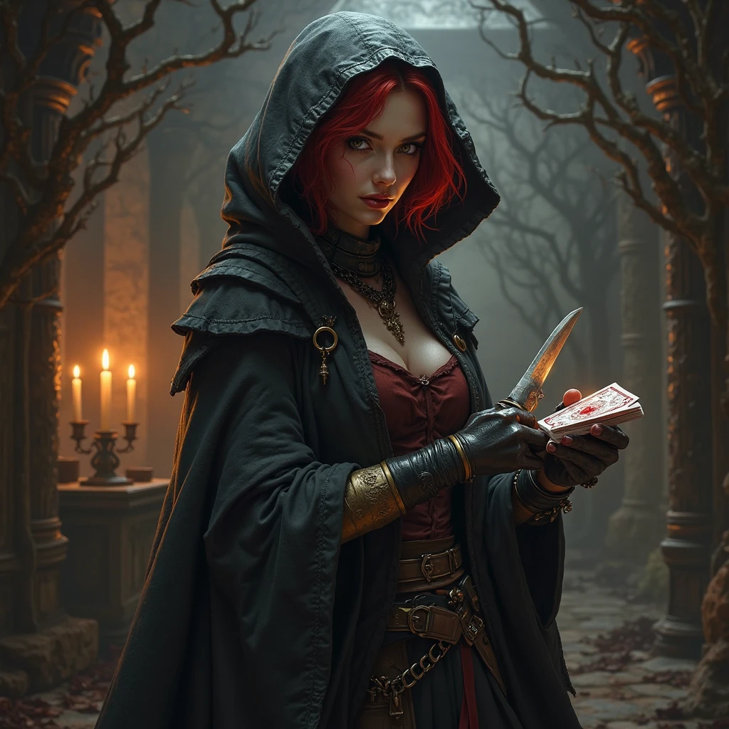 a red-haired woman in black leather pants sitting on a rug, uma bela feiticeira, feiticeira bonita, arte de fantasia realista, Arte de fantasia hiperrealista, maga feminina de fantasia sombria, menina bonita necromante, Retrato de uma feiticeira, menina necromancer bonita, Beautiful Female Sorceress, realistic fantasy rendering, mulher feiticeira