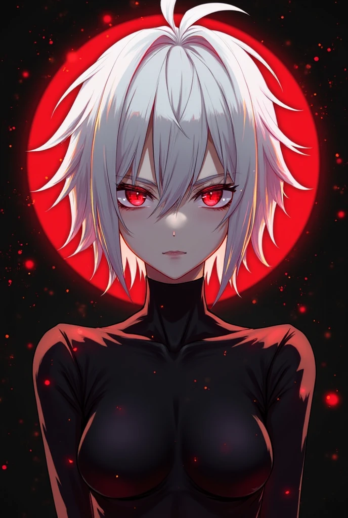 (absurdres, highres, ultra detailed),(Masterpiece, best quality:1.2),Anime boy with white hair and red eyes staring at the camera, glowing red eyes,slim, wearing a black outfit,shadow body,dark, monochrome, wallpaper,