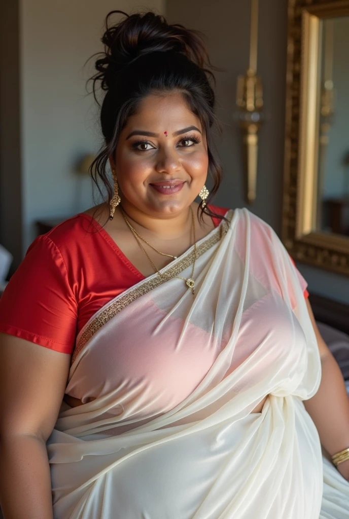 a  50-year-old shirtless man  affectionately hugging and kissing aradiant, full-figured South Indian plus-sized 30 year old teacher wearing a off white silky saree in  dressing room, captured in a full-body image with vibrant hues and meticulous details. Full body image
