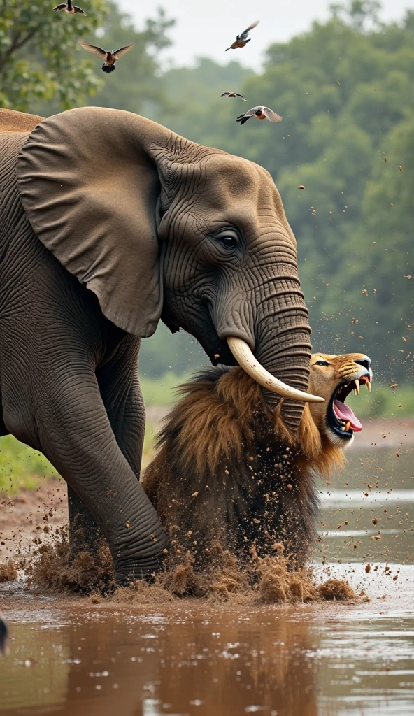 A wrathful lion attacking a baby elephant's head in the pond of jungle by his sharp tooth