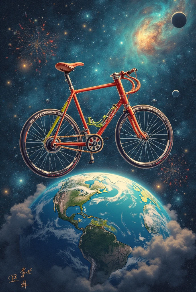 <lora:Alex Andreev style:1>Alex Andreev style - A solar-powered flying bicycle,simple and surreal dixit illustration