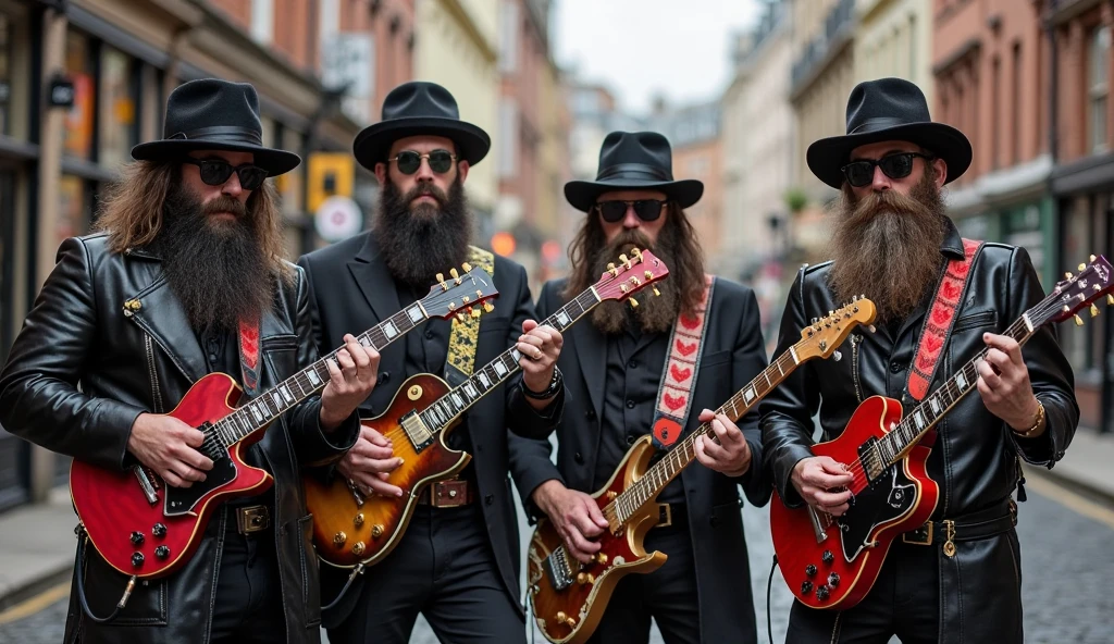 instrument, guitar, hat, electric guitar, 6+boys, multiple boys, jewelry, zombie, playing instrument, beard, parody, music, fire, facial hair, multiple girls, waves, bracelet, necklace, smoke, <lora:discworld_v3:1>