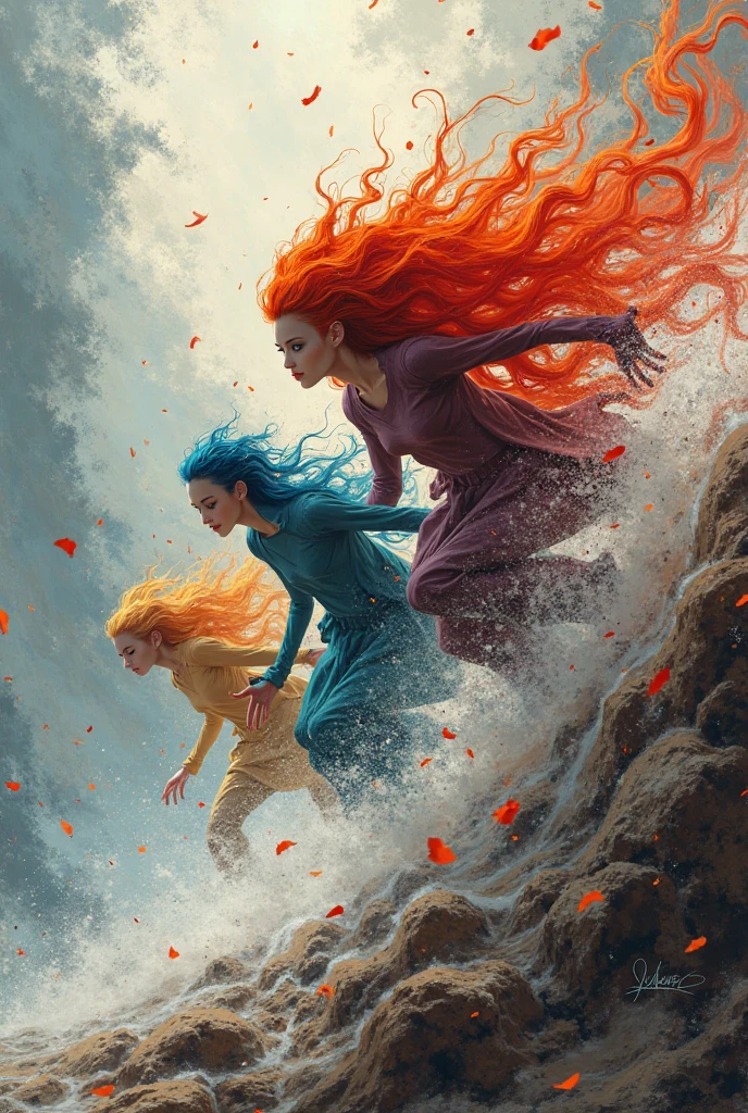 dreamlike paint, allegory style, (art style by Casey Baugh:1.1), photorealism fantasy, (half-body art from back:1.1), cute young dragon-girl with red hair sitting at stone on a ocean shore, (1horn hidden in hairs:1.2), clean beauty face, hides her nakedness with strands of hair, shy, windy, cute elegant boardshorts, pov from behind, small dragon tattoo, russian tale, hot day, beautiful long ginger perfect hair, muscular, sunlit, by skydoll noa, digital art, (watercolours paint:0.9), neon vibeъ