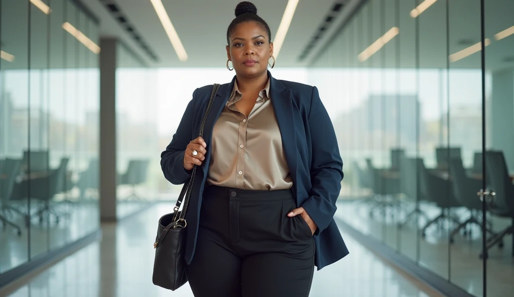 Chubby ugly secretary black woman with an afro and glasses in a boring grey corporate dress, in a super boring VISA application office, standing in front of a printer