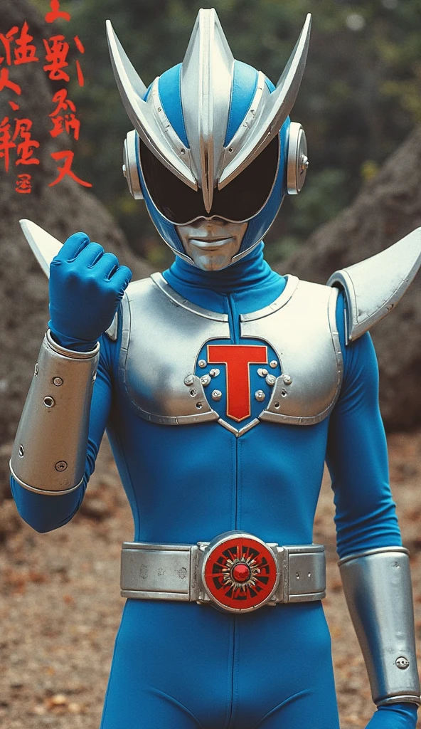 A little boy in a blue and white suit，fist up，hero action pose，Ultraman，superhero pose，next gen，Tokusatsu，High quality clothing，hero pose，inspired by Matsumura Goshun，Yukio-E，meme template，tokusatsu suit vaporwave，full body hero，inspired by Yue Minjun。