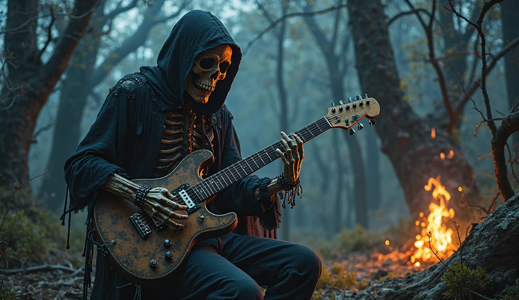 Drummer dressed as death playing on his all black drum kit, in the burning cemetery moonlit night next to wolves with red eyes, Gloomy and Gothic climate , dense fog 