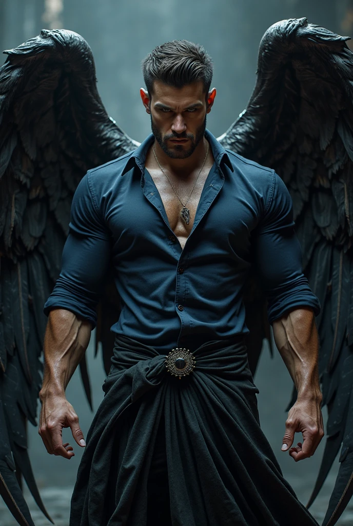 Perfect face, the devil, masculine portrait of the devil, personification of The Devil, superr pale skin, massive huge majestic black angel wings, black dragon horns, 18-year-old, super male model, handsome, tall, cute looking, evil look, dark look powerful, young male model, handsome mythical creature, super strong, muscular, fit, massive muscles, six pack, clean shave, shirtless, barechested, muscle, ripped, strong body, fit body, ancient linen Greek small skirt, antique black linen raped cloth skirt, Dark background, ruins gothic cathedral, ruins, hell fire, infernum, coal fire, brown hair, messy hair, short hair, wavy hair, hair pulled back, very short hair, buzz cut, aqua eyes, glowing eyes, evil smile, angry, v-shaped eyebrows, evil, Realism, cinematic lighting, depth of field, ray tracing, blurry foreground, atmospheric perspective, f/1.2, 35mm, 85mm, Fujifilm, UHD, retina, masterpiece, anatomically correct, textured skin, super detail, high details, high quality, award winning, best quality, highres, 8k, HD