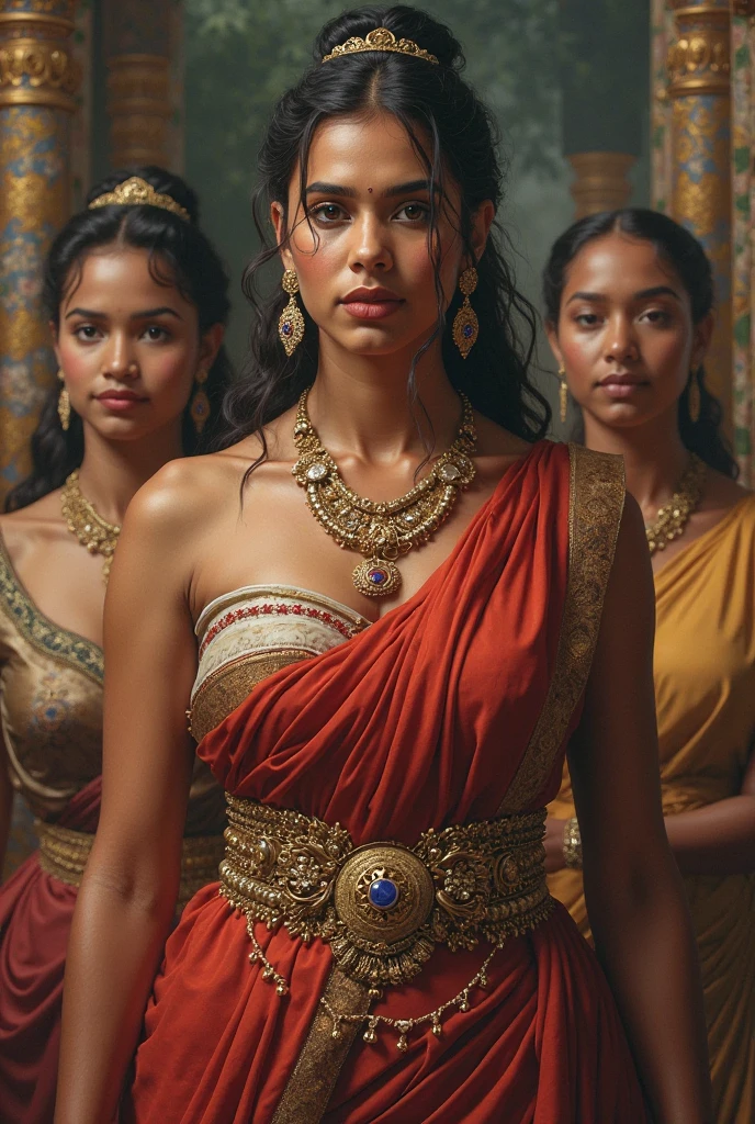 Three, indian muscular warrior women with abs , big biceps wearing saree pink, blue, green, ornaments and crown in head, medium cleavage, swords in hand, looks as ruler dominant standing tall and confident (no seduction and vulgar) prominent face , very powerful