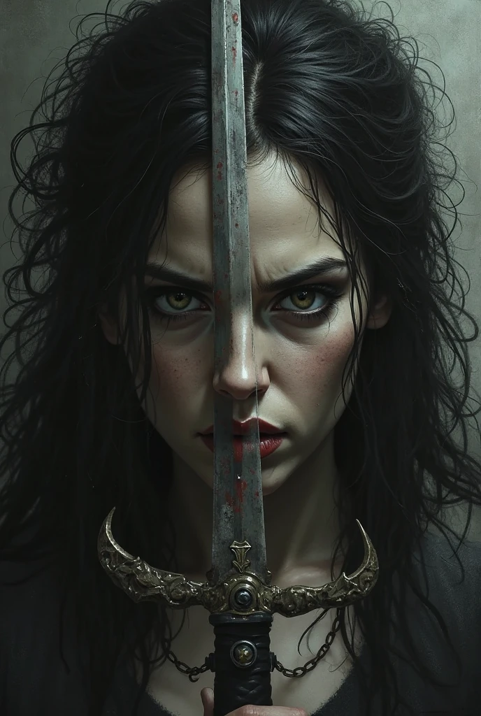 seductive, highly detailed close-up portrait of a beautiful woman with black hair wearing black leather armor, scars, blood, serious, murderous, dark gray eyes, gothic style, intense, dark, dark, very detailed, realistic, by Stanley Artgerm Lau, Greg Rutkowski, Thomas Kindkade, Alphonse Mucha, Loish, Norman