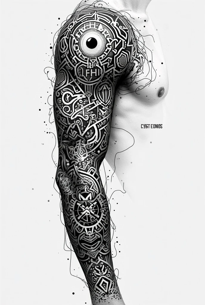 Develop a blue print sketch of a powerful tattoo that generates and charges the user with geometrical and vibrational powers include all symbols of wisdome and power and protection and elements and unified field for men back
