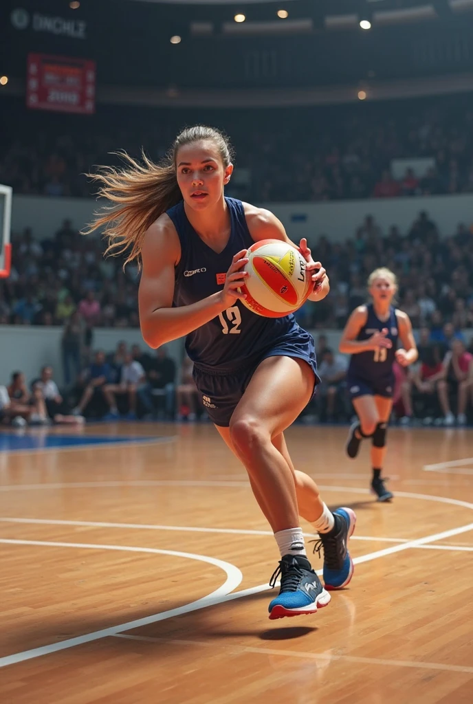 Romanian、Blonde((ponytail))、Blue Eyes、White、basketball、During the game、Bright image quality、((Lighting from the front))、