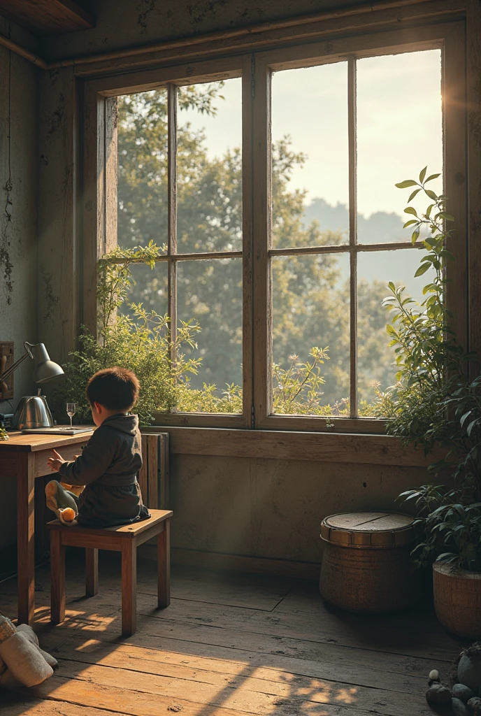 An 1 Japanese boy studying by the window