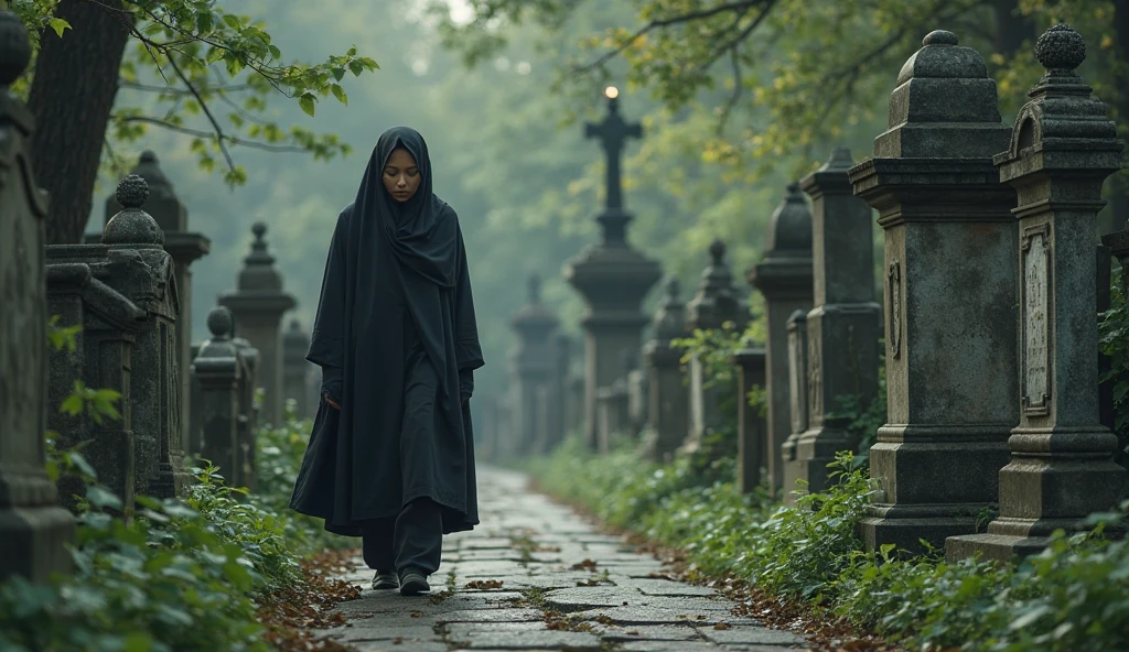 A 35-year-old, adventurous, plump Indonesian woman in Islamic dress, front view, exploring the mysterious fog above a cemetery, evening, her silhouette captured in a misty, monochromatic oil painting style.