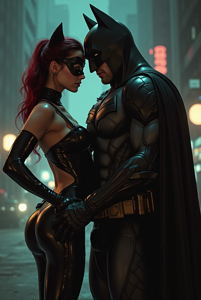 1 boy 1 girl, a muscular man in batman armor and mask, a curvy naked hourglass woman with wide hips and thick thighs and harley quinn hairstyle, couple engaged in doggystyle sex, 1 boy and 1 girl, the arkham streets at night, cinematic lighting, hyper detailed, 8k, photorealistic, dramatic lighting, moody atmosphere, gritty and dark, comic book style, rich colors, dynamic pose