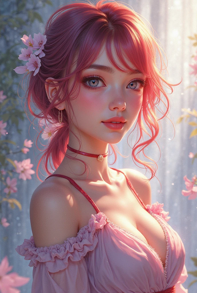 Best Quality, Masterpiece, Ultra High Resolution, (Realisticity: 1.4), Original Photo, 1girl, Bare Shoulder, Cinematic Lighting, Cherry Blossom Pink, Big Tits, Gaunt, 8K, Sweet