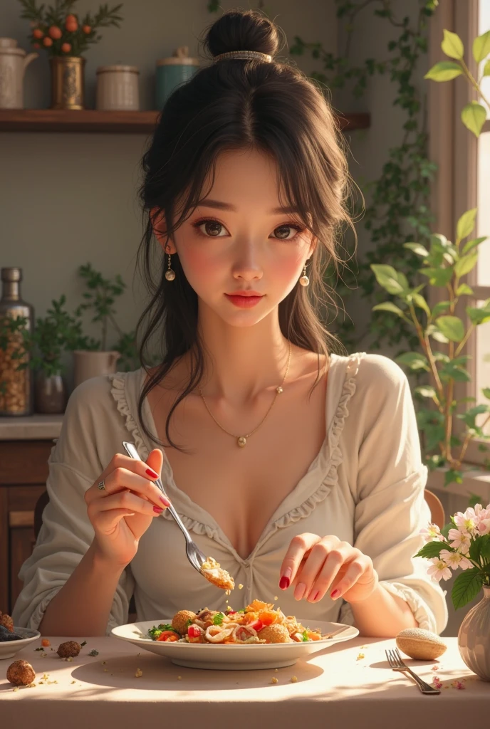 Let the same woman eat, but don't change the model woman. 
