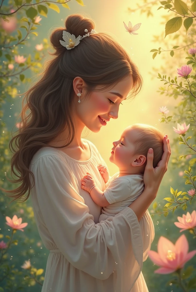 The smiling face of the baby's mother, standing under the tree and showing a patient and kind attitude towards the child.