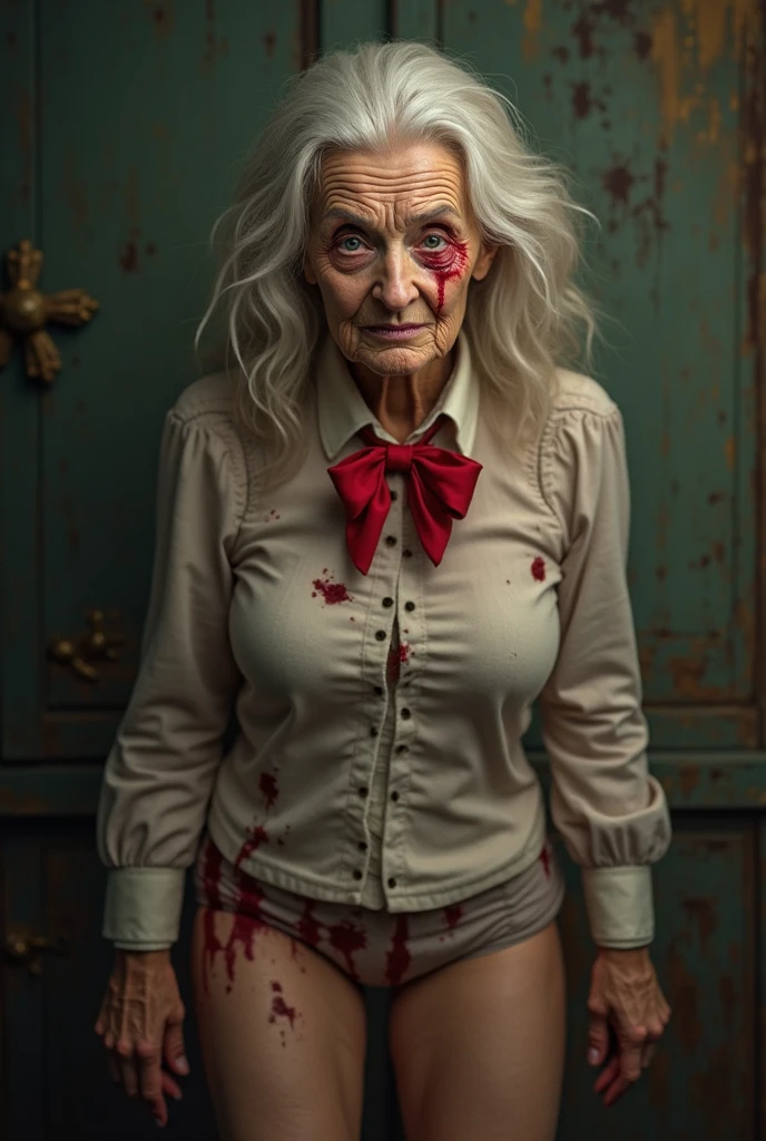 An old woman in a red dress，There is blood in the mouth，hair messy，The expression is terrifying