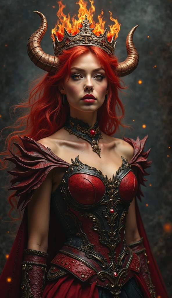 qualidade superior、mulher russa bonita、｛｛｛The whole body is shown｝｝｝、Rei Diabo Feminino、Diabo feminino、olhos vermelhos、demon armor、Devil's Bikini Armor、fantasia、horns grow on the head、Castelo escuro、Grande fundo, melhore a qualidade do rosto