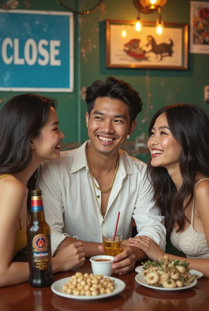 pixal style,2 Men and 2 Girls,Eat hot pot,Beer mug in hand,having fun