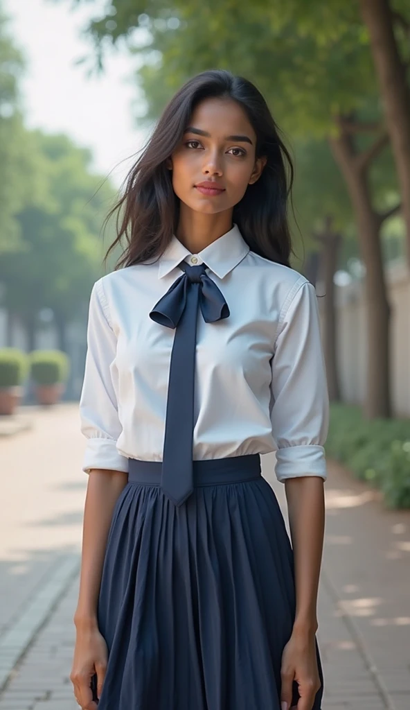 a beautiful Sri Lankan , white frock, colorful tie, plait hairstyle, full body shot, 1girl, detailed face, detailed eyes, detailed lips, high quality, 8K, hyperrealistic, photorealistic, intricate details, elegant, soft lighting, warm color palette, natural lighting, vibrant colors, beautiful portrait