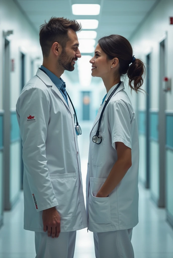 A girl and boy couple, girl wearing labcoat and boy in scrub
