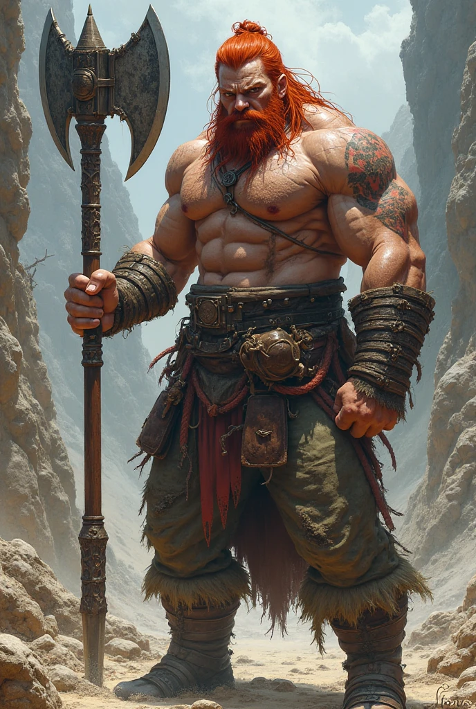 I would like a bald white man with a long braided red beard, an extremely strong physique, shirtless with tattoos covering his body and arms, a lion tattoo on his back, wearing black leather pants with pink details, a cloth tied around his waist, and holding a large golden axe in his hands. There is a spiritual lion behind him, and a great aura of power resides within him. I would like it to be in a mature style, and the art should be in a fantasy and RPG style set in the Old West.