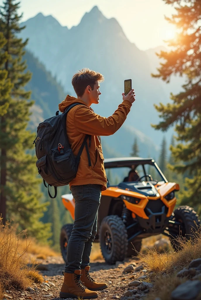 a brown haired boy avatar with his electric scooter on his kickstand his backpack and his smartphone looking at the mountain 