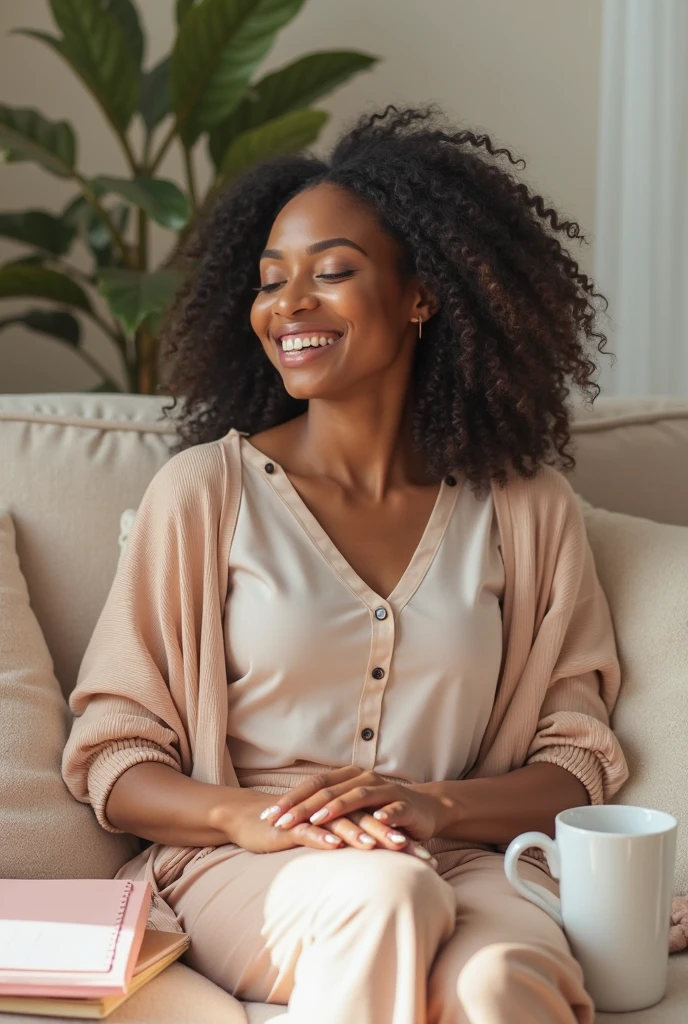 Happy woman with glasses sitting in her living room