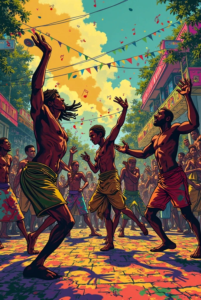African Orishas in Hip Hop clothing with microphones in hand battle rhyme (Tupac Shakur in the background )