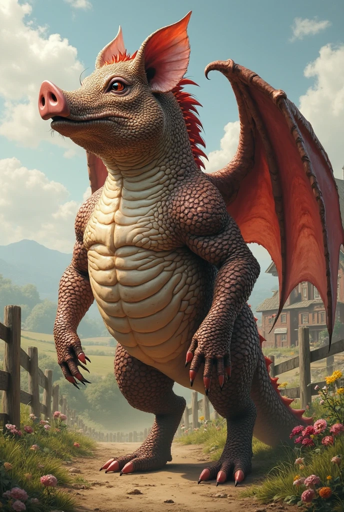 (by taran fiddler), (by darkgem:0.8), (by chunie:1), masterpiece, detailed scales, portrait, seductive, serious, side view, (looking at viewer), (mrmordaut), red dragon, (detailed pixar eyes:1.2), detailed eyes, male, feral, (tail), glasses, wings, walking, all fours, (penis), speech_bubble, (detailed old farm background), (day),