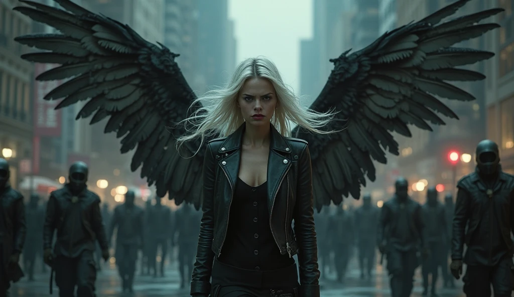 Ao fundo, There is an apocalyptic war in shades of black and red. In the center is a handsome young man who has angel wings. A beautiful young blonde woman is next to him. sexy