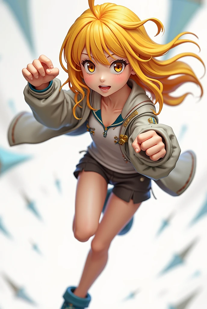 Young girl Dragon Ball anime style with long blonde hair, modern clothes, jacket and skirt, White pantyhose fighting using a kick