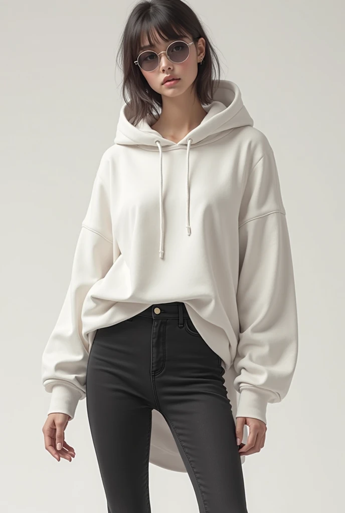 raw photo, intricate details, textured skin, dynamic pose, 1girl, indian, pale skin, long hair, half eyes, no eyelids, freckles all over body, oversized hoodie, thick thighs, (wide thigh gap:1.2), gradient background, best quality, 16k, masterpiece
