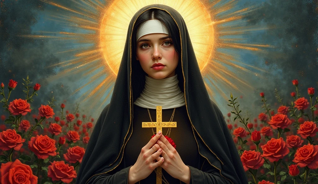 ((best quality)), ((masterpiece)), (detailed), airbrushed dream paiting style, beautiful european girl,nun, like a dream, dark eyes, very long straight ironed light brown hair combed back, leather, holding gold chain with cross, praying, nice church, big glowing cross, altar, candle, night, table ,